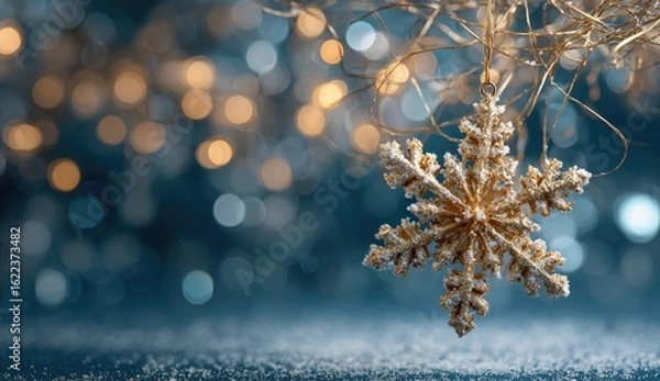 Fototapeta Golden snowflake ornament, bokeh lights, dark background