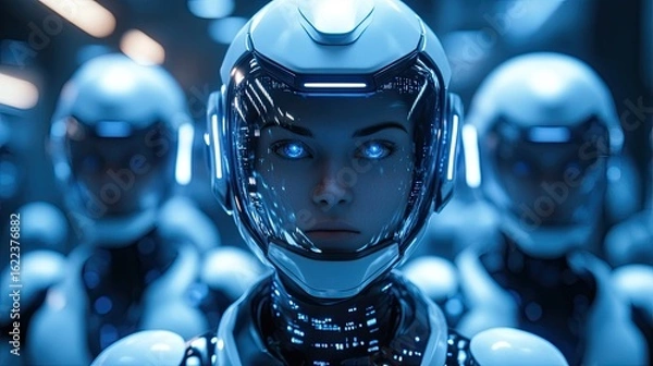 Fototapeta Futuristic Robots with Glowing Elements and Digital Interfaces. 