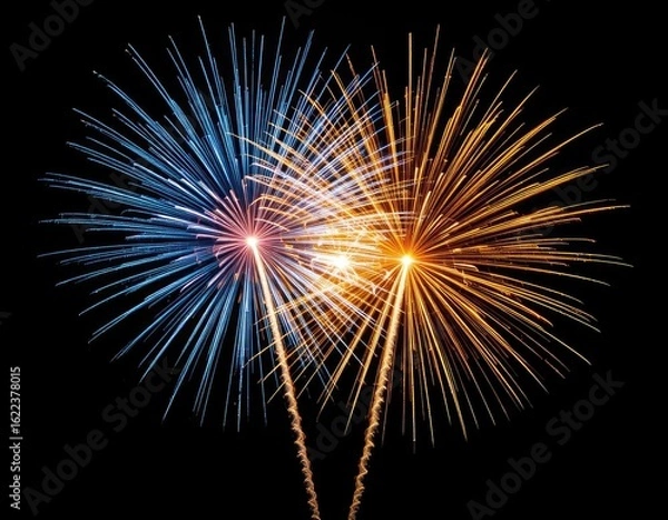 Obraz Two fireworks exploding one blue and one orange against a black backdrop