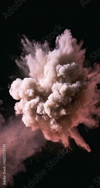 Fototapeta A large, ethereal cloud of smoke and powder explodes outward against a black background