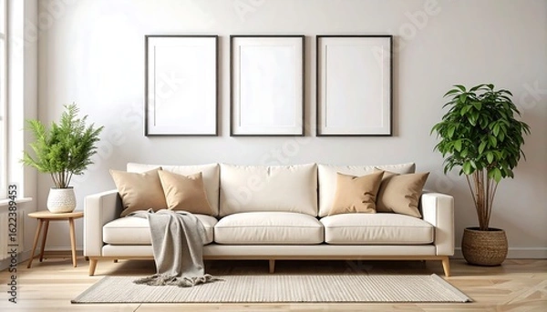 Fototapeta Minimalist living room with off-white sofa, three empty frames, and potted plants