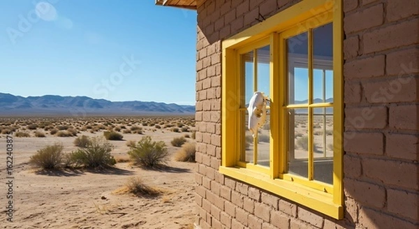 Fototapeta Desert Solitude: Yellow Window, Brick Walls, Expansive View
