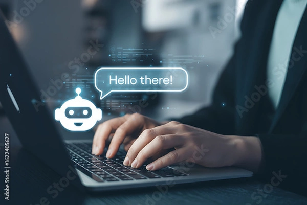 Fototapeta Person interacting with a chatbot on a laptop