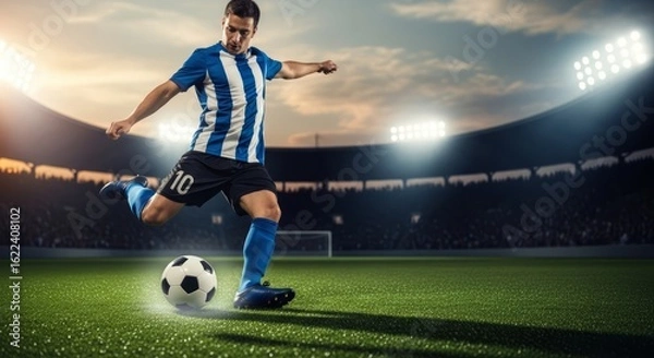 Fototapeta A professional soccer player in a blue and white striped jersey powerfully kicks a ball on a brightly lit stadium field during a game.