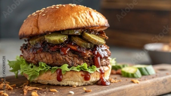 Fototapeta Smoked Brisket Concept Juicy burger with lettuce, pickles, and sauce on a wooden board.