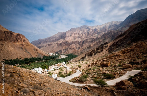 Fototapeta Small Village in Wadi Tiwi Growing date palms