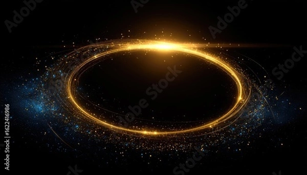 Fototapeta Golden glowing oval frame on black background with glittering particles