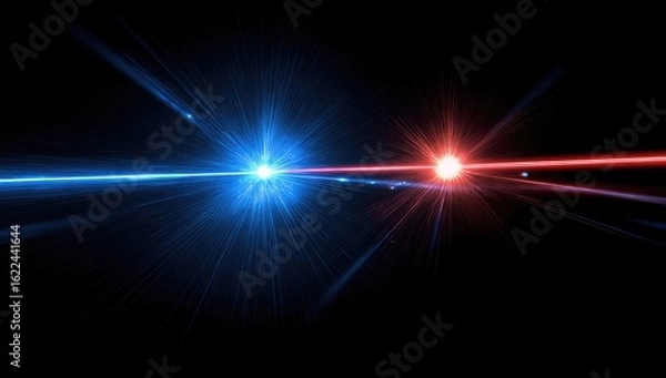 Fototapeta Two opposing light sources, blue and red, explode outward in a burst of energy against a black background