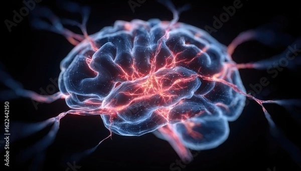 Fototapeta 3D render of a brain, glowing with neural activity