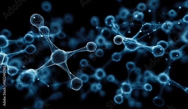 Fototapeta Abstract molecular structure.  Dark background with light blue interconnected molecules