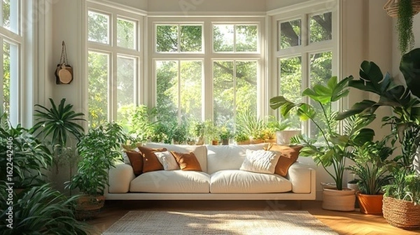 Obraz Bright Interior Featuring Large Bay Window with Lush Greenery Outside 