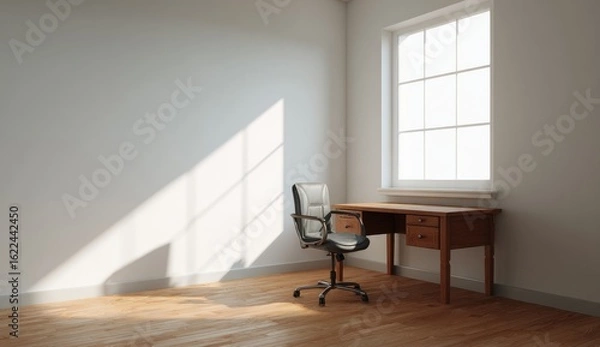 Fototapeta Empty corner office space with desk and chair, sunlight