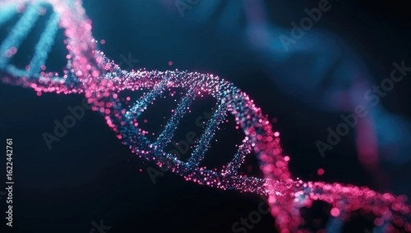 Fototapeta DNA double helix, glowing pink and teal particles