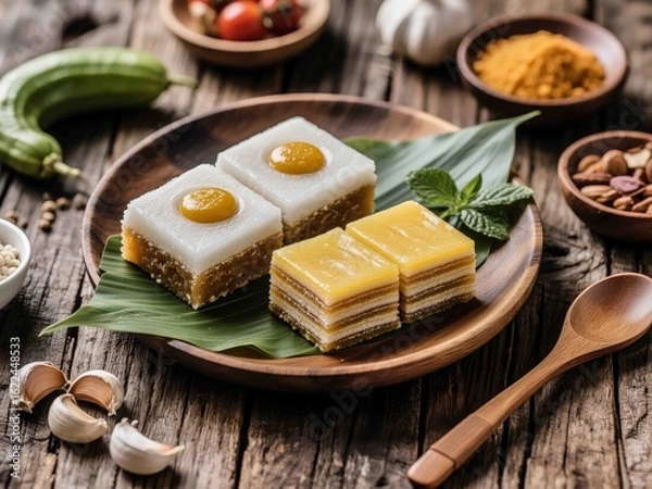 Obraz A photorealistic top-down view of traditional Malaysian desserts – Kuih Seri Muka with white glutinous rice base and coconut custard topping, and layered Kuih Lapis in vibrant yellow tones.