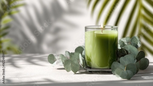 Fototapeta Green candle in glass, surrounded by eucalyptus leaves, soft light and shadows