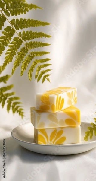 Fototapeta Stacked yellow and cream soaps with floral design, nestled on a plate, with fern leaves