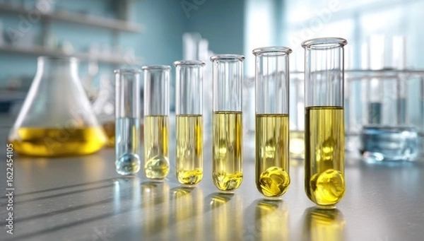 Fototapeta Test tubes filled with liquid in a lab setting