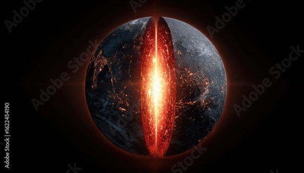 Fototapeta Earth split open, revealing fiery core.  A digital rendering of a sphere, halved, revealing a fiery, incandescent interior.  The halves exhibit visible surface textures and geographical markings