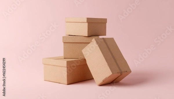 Fototapeta Stack of cardboard boxes on a pink background