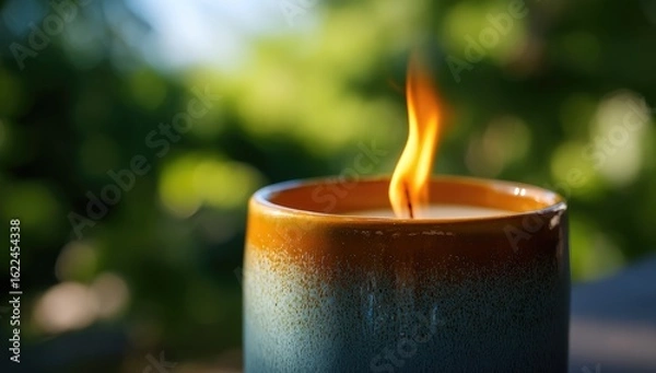 Fototapeta Close-up of a lit candle in a ceramic container, out-of-focus greenery background