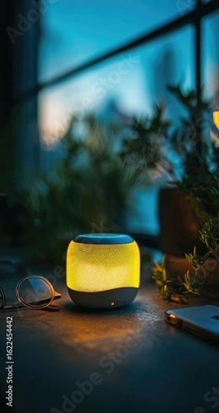 Fototapeta Small, yellow-lit speaker on a table, next to plants and sunglasses