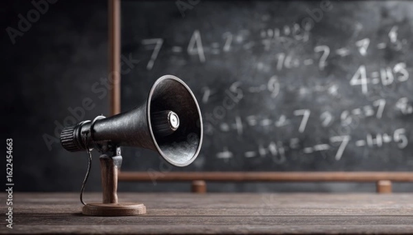 Fototapeta Vintage megaphone on wooden table in front of chalkboard filled with equations