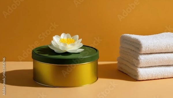 Fototapeta Gold tin with white lotus and stack of towels on peach background