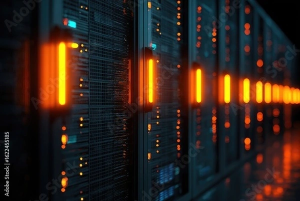 Fototapeta Server racks with glowing orange lights in a dark data center