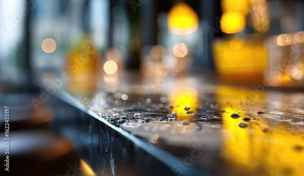 Fototapeta Close-up of a wet bar counter, blurred background of warm lighting