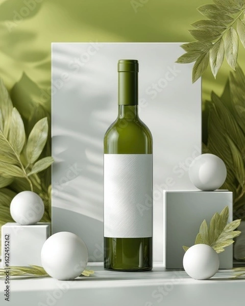 Fototapeta Wine bottle mock-up, light green backdrop, white cubes and orbs, foliage