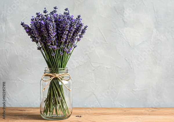 Fototapeta A bouquet of lavender in a jar on a wooden table