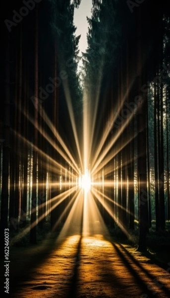 Fototapeta Sonnenstrahlen fallen durch die Bäume eines Waldes am frühen Morgen, verträumte und stimmungsvolle Atmosphäre, Generative AI