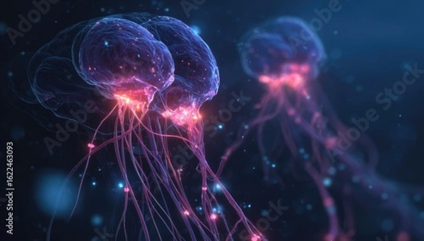 Fototapeta Two glowing jellyfish, vibrant pink and blue, in deep dark water