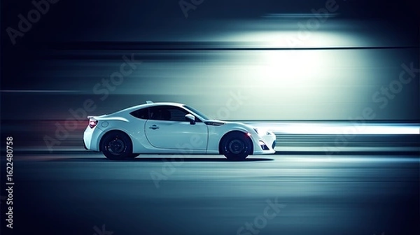 Fototapeta A sleek sports car in motion, showcasing speed and dynamic lighting on a simple road.