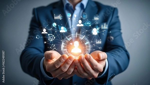 Fototapeta Business professional holding a glowing sphere with connected icons symbolizing networking and communication in the digital age showcasing innovation and technology leadership