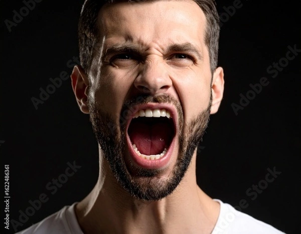 Obraz A dramatic, high-contrast close-up of a man's face, mouth wide open in a silent, furious scream