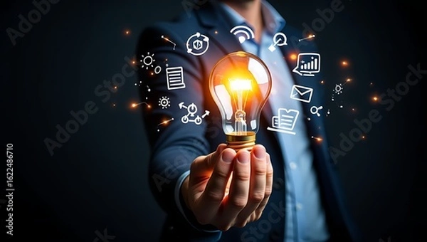 Fototapeta Man holding a glowing light bulb representing innovation and new ideas surrounded by technology icons for business growth and strategy