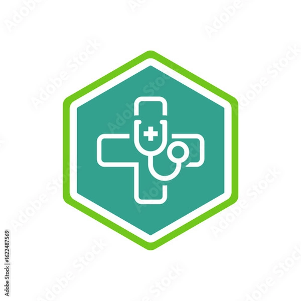 Fototapeta Medical cross symbol with stethoscope inside the hexagon logo