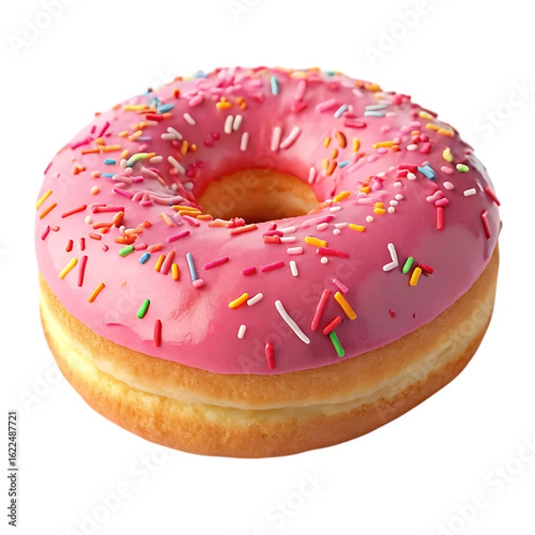 Fototapeta Delicious pink frosted donut with colorful sprinkles on a black background