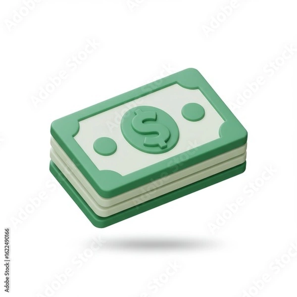 Obraz A stack of green cartoon-style dollar bills with a dollar sign on the top bill, casting a soft shadow on a white background.