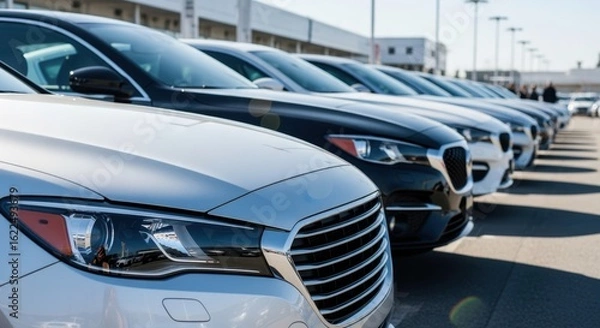 Fototapeta Closeup of shiny new automobiles lined up for customers at a large openair dealership