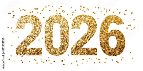 Fototapeta 2026 new year festive glitter number with golden confetti isolated on white or transparent png
