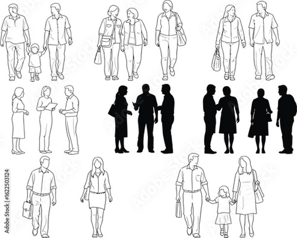 Fototapeta Diverse group of people in silhouette and sketch style standing together in conversation and contemplation