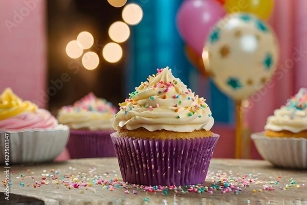 Fototapeta Colorful Cupcake with Buttercream Frosting and Sprinkles at Party Table