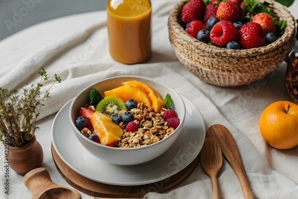 Fototapeta Clean Healthy Food Table with Colorful Salad, Smoothie, Fruits, and Granola in Natural Light -nutritious food styling