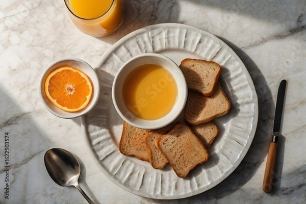 Fototapeta Top View Minimal Breakfast Table with Orange Juice, and Toast on White Marble