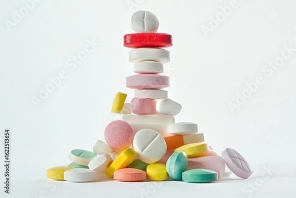 Fototapeta Various colorful pills and capsules stacked in pyramid shape on white background, concept of pharmaceutical balance, medication choice, healthcare complexity, vitamin supplements or drug's. Banner