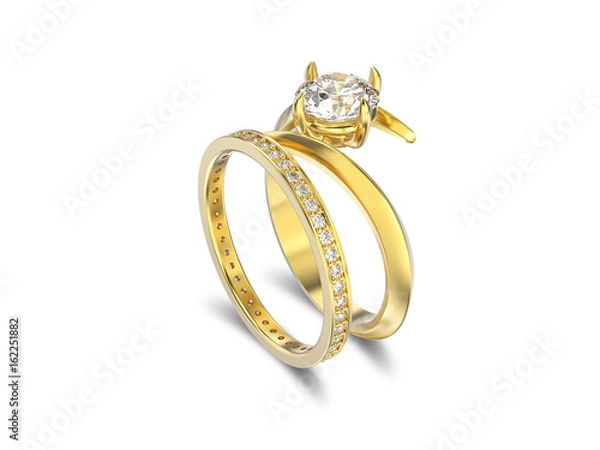 Fototapeta 3D illustration isolated yellow gold matching band set rings with diamonds with shadow