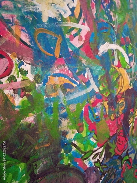 Fototapeta Smearing paint on the wall. Children learn to paint with oil paints. Background for design.