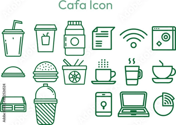 Fototapeta Cafe and technology icons in green outline coffee drink
